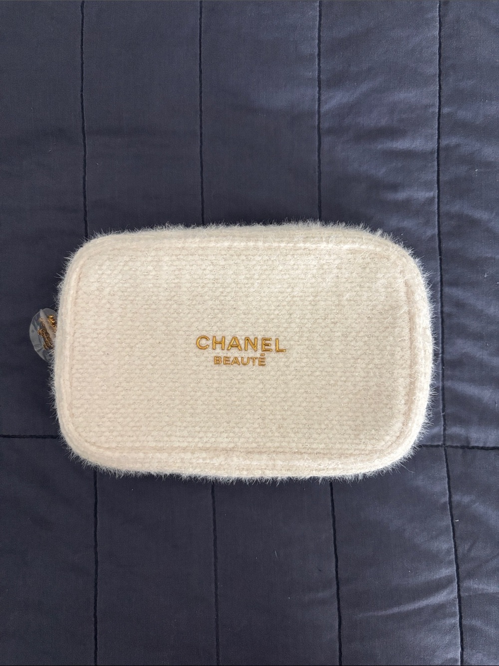 CHANEL Cream Wool Beauty Pouch with Gold Logo